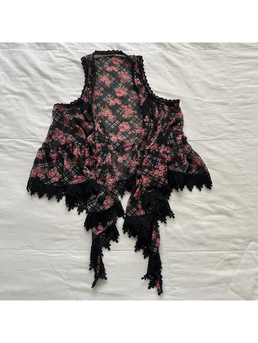 Japanese Brand Black Pink Floral Open Front Vest Crochet Lace Handkerchief Hem